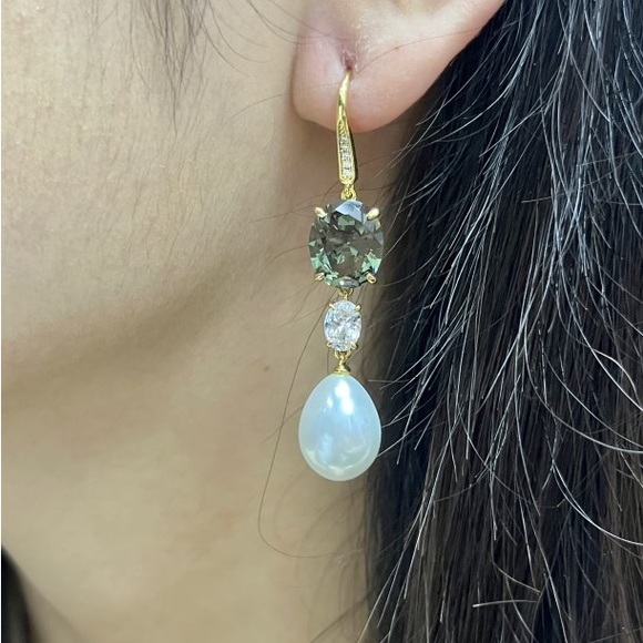 Golden Oval Cut & Pearl Peridot Drop Earrings 925 Sterling Silver - Picture 5 of 8